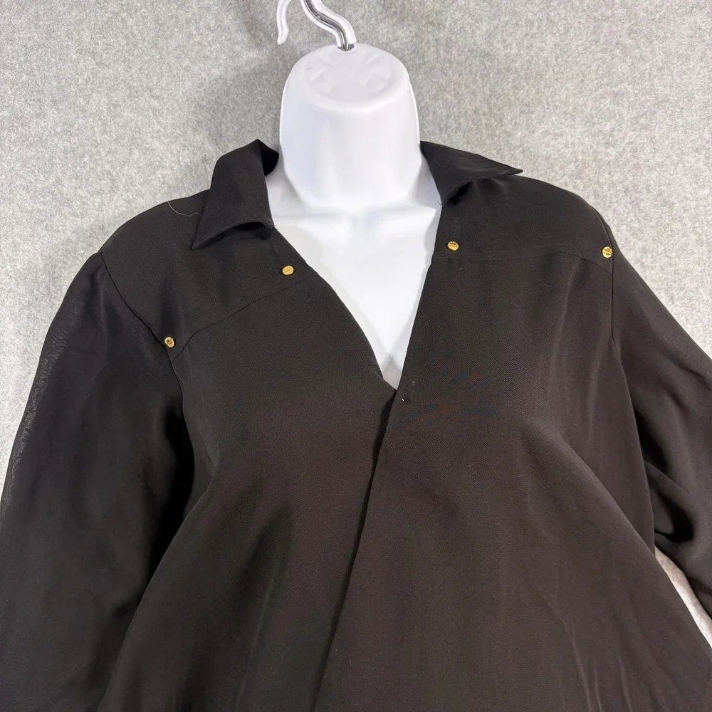 Michael Michael Kors Black Draped Surplice Blouse Gold Studs Size 12